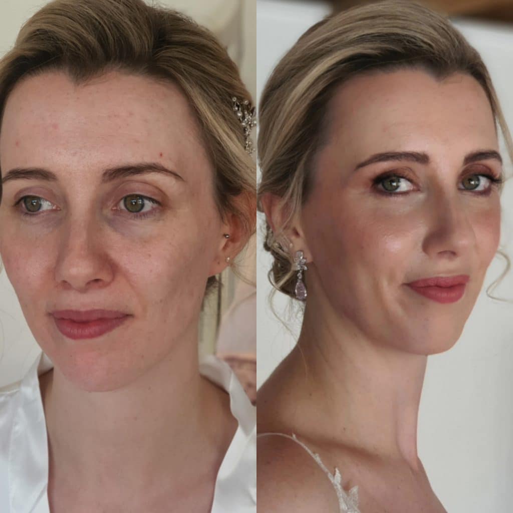 Wedding day make up for bride creating flawless skin and soft glam on the eyes