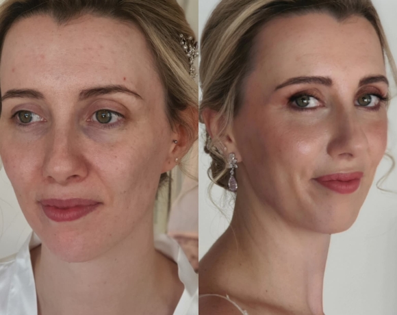 Wedding day make up for bride creating flawless skin and soft glam on the eyes
